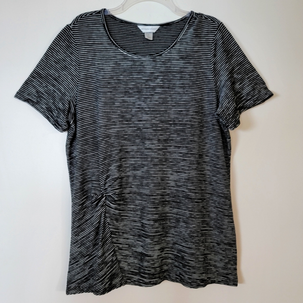 Christopher & Banks XL Knit Top Knotted Front Short Sleeve Black & White Texture